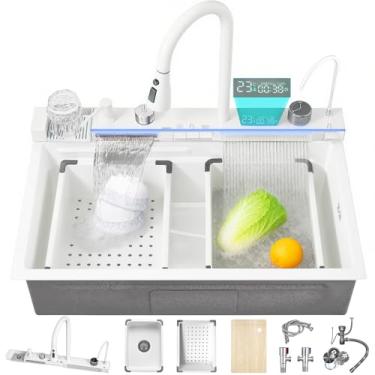 Imagem de Ribanedy Pia de cachoeira com tela digital inteligente branca de 80 cm, pia de cozinha moderna de aço inoxidável 304 com 5 modos de saída de água, torneira de puxar em cascata, arruelas de copo e