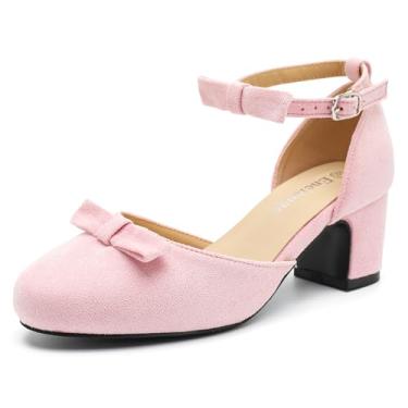 Imagem de Sapato feminino com laço fechado bico redondo tira no tornozelo D'Orsay salto grosso elegante casamento festa nupcial sapatos sociais, Camurça rosa, 37