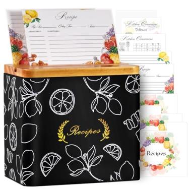 Imagem de Craftmastudio Conjunto de cartões de receita e caixa com 100 cartões de receita e 20 divisórias, caixa de suporte de cartão de receita de madeira de casamento (preto)