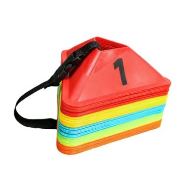 Imagem de YIJU Conjunto de 50 cones triangulares para treino de futebol, leves e ideais para marcação de campos de futebol, basquete e jardim.