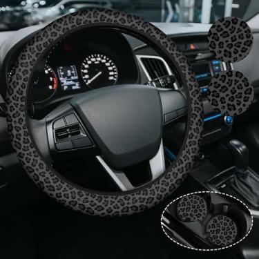 Imagem de Capa de volante preta com estampa de leopardo para mulheres e homens, antiderrapante de neoprene de alta elasticidade, acessórios de carro, capas de volante, universal de 38 cm para carros, SUVS