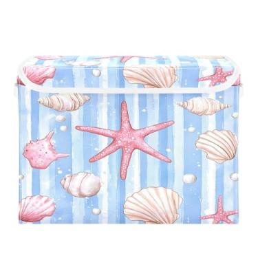 Imagem de CEBUGI Caixotes de armazenamento com tampas, caixa de armazenamento de tecido dobrável, organizadores de cubo de estrela do mar em aquarela para prateleiras de quarto de armário de casa 40 x 30 x 39