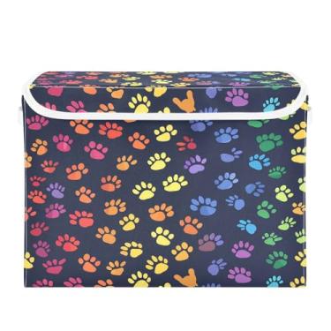 Imagem de CEBUGI Caixotes de armazenamento com tampas, caixa de armazenamento de tecido dobrável, estampa de pata arco-íris, compartimentos organizadores de cubo para armário de casa prateleiras de quarto 40 x