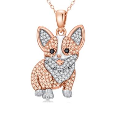 Imagem de YYmqmq Colar Corgi para mulheres, banhado a ouro rosa, pingente de cachorro corgi galês, champanhe, zircônia cúbica branca, prata esterlina 925, joia de animal fofo, presente para amantes de animais