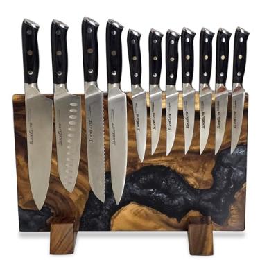 Imagem de SliceElite Suporte de utensílios de dupla face com bloco magnético XL com acabamento artesanal de madeira de acácia e resina ônix ímã forte para armazenamento de ferramentas para bancada de cozinha