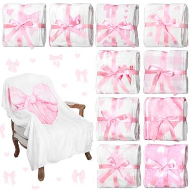 Imagem de Moukeren 10 peças de cobertor de laço rosa a granel festa do pijama suprimentos de festa para mulheres coquete 101,6 cm x 152,4 cm flanela macia e leve decoração de quarto para sofá, sofá, viagem