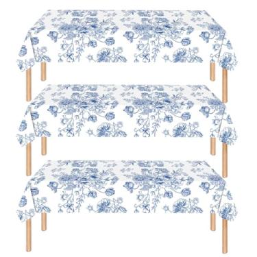 Imagem de 3 peças de toalha de mesa retangular floral azul branca azul 137 x 272 cm, capa de mesa descartável elegante com design de flores para casamento, chá de panela, chá de bebê, aniversário e decorações