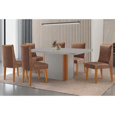 Imagem de Sala Jantar Mesa Pietá Tampo c/ Vidro Curvo 180cm+6 Cadeiras Dakota Naturale/Off White - Corano Capuccino - Rufato