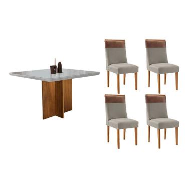 Imagem de Sala Jantar Mesa Berlim Tampo c/ Vidro Curvo 90cm+4 Cadeiras Jaspe Madeira Naturale/Off White - Capuccino/Suede Capuccino - Rufato