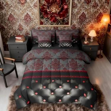 Imagem de Conjunto de edredom king damasco vermelho com lençóis, decoração vitoriana, gótica, vintage, floral, 7 peças, padrão de textura de diamante negro, cama boêmia em uma bolsa, decoração de quarto gótico