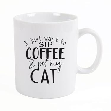 Imagem de Caneca de café de cerâmica de porcelana branca clássica Sip My Coffee and Pet My Cat 425 g
