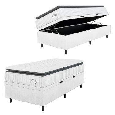 Imagem de Cama Box Baú Colchão Solteiro Molas Ensacadas City Pillow Top 88x188x64cm Linho Branco/Preto Hellen