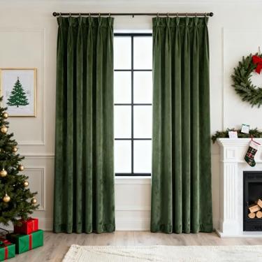 Imagem de Cortinas blackout de veludo plissadas verde-oliva de 228 cm de comprimento com 2 painéis, cortinas de veludo plissadas com isolamento térmico, escurecimento de quarto, grossa, luxuosa, minimalista