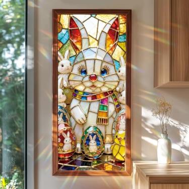 Imagem de SHENGYUMY Película para janela de vitral Coelhinho da Páscoa 99,37 x 15,75 polegadas Coelho primavera com ovos e pintinho adesivo decorativo de janela para painéis de janela de vidro