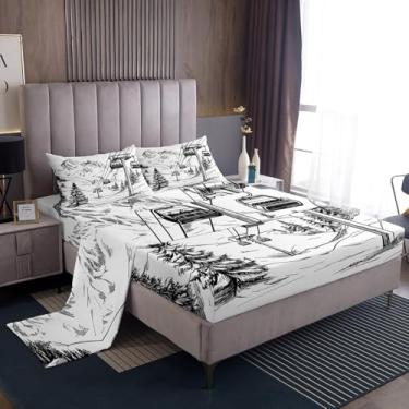 Imagem de Homewish Jogo de lençol King com elevador de esqui, esqui esportivo, 4 peças, para decoração de quarto de crianças, meninos, meninas, adultos, lençol de cima, lençol de cima, 2 fronhas