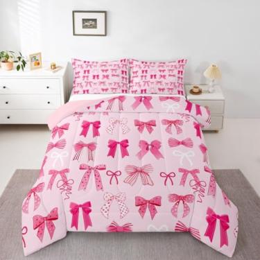 Imagem de Feelyou Conjunto de edredom com laço rosa, solteiro, com laço de princesa, para crianças, meninos, meninas, kawaii, decoração de quarto fofo, microfibra, 2 peças com 1 fronha