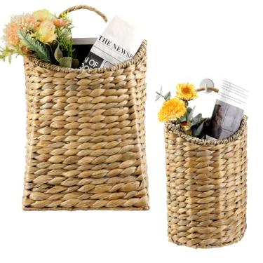 Imagem de Conjunto de 2 cestas de tecido, cestas de parede de vime, vasos de alga marinha feitos à mão para porta da frente, jardim, decoração de casa de fazenda