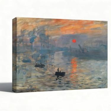 Imagem de Arte de parede em tela Harbor Sunrise, impressão impressionista de pintura a óleo sol vermelho sobre a água, decoração de parede com paisagem marítima da cidade enevoada para sala de estar, escritório