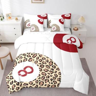 Imagem de Erosebridal Jogo de cama casal com 8 bolas Lucky Lucky com estampa de leopardo, 7 peças, estampa de leopardo, edredom e lençol com estampa de leopardo, moderno e moderno