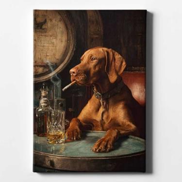 Imagem de Dark Moody Vintage Funny Dog Canvas Wall Art Dark Vintage Animal Painting Bar Cart Pictures Decoração de Parede Cão eclético com Uísque Impressões em Tela para Sala de Estar Quarto Bar Carrinho
