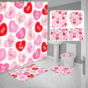 Imagem de Tieshankao Conjunto de 4 peças de cortina de chuveiro de dia dos namorados - rosa vermelho amor tapetes antiderrapantes tampa de vaso sanitário tapete de banho com 12 ganchos - estilo 3