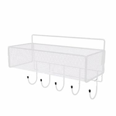 Imagem de LNQKJXIIA Boutiques US Suporte de caneca de café montado na parede com ganchos cesta de armazenamento, prateleira de exibição de metal para cozinha, escorredor de pratos de organização de despensa