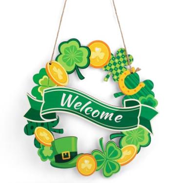 Imagem de Placa Madeira para Dia de São Patrício, 30x30cm Enfeite Porta Trevo com Cartola e Trevo Moeda e Ouro Elementos para Decoração Festa do Dia de São Patrício(Verde)