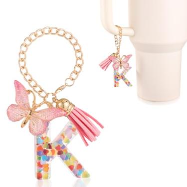 Imagem de Acessórios para copos com letras, lindo alfabeto para decoração de copo com alça de caneca corrente inicial com borboleta para Stanley Tumblers presente feminino