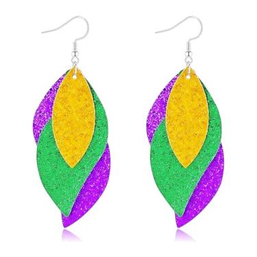 Imagem de Brincos de carnaval verde roxo carnaval brincos pendentes em camadas tema carnaval carnaval glitter Mardi Gras brincos joias para mulheres, Large, Acrílico, Sem pedra preciosa