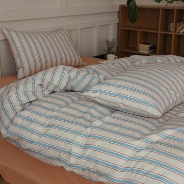 Imagem de LifeTB Conjunto de edredom completo, listrado azul, marrom, 3 peças, estampa retrô, com 2 fronhas, leve, fofo, macio, respirável, conjunto de cama para todas as estações