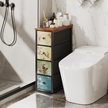Imagem de Cômoda estreita, mesa de cabeceira estreita, torre de armazenamento com 4 gavetas, cômoda de tecido fino para pequenos espaços, cômoda de flores retrô, para quarto, banheiro, lavanderia, armário