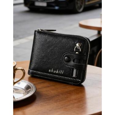 Imagem de Carteira masculina de couro curta com zíper, carteira simples e segura para o dia a dia (preto)