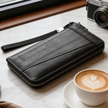 Imagem de Carteira masculina, carteira longa de couro com zíper, grande capacidade com vários compartimentos para cartão de crédito e janela transparente para identidade, organizador seguro multifuncional