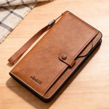 Imagem de Carteira masculina leve marrom claro com zíper padrão de tecido PU couro leve, marrom claro negócios design com zíper curto com padrão de tecido couro PU, leve