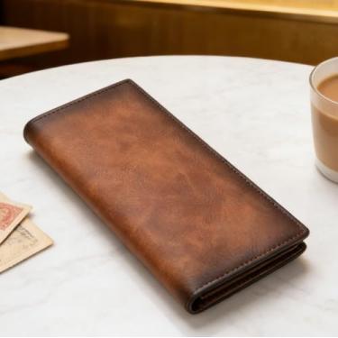 Imagem de Carteira masculina clássica marrom claro com zíper vertical de couro macio de grão cruzado, design clássico de zíper vertical com couro macio de grão cruzado para fácil transporte e acesso