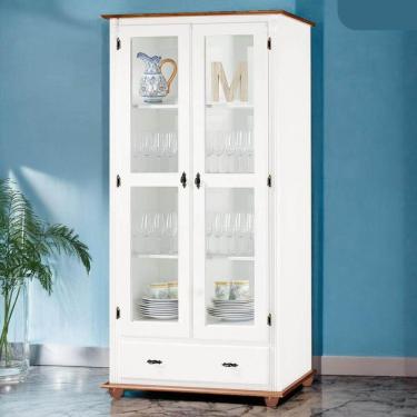 Imagem de Cristaleira Rústica De Madeira Com 2 Portas, 3 Prateleiras, 1 Gaveta E Pés Torneados - Branco Com Tampo E Base Imbuia