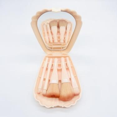 Imagem de Conjunto de 5 pincéis de maquiagem com espelho, ferramenta de beleza feminina portátil para viagem, para base, pó, blush, sombra, blush (rosa)