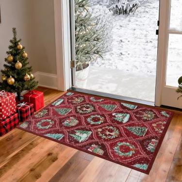 Imagem de GarveeHome Tapete de Natal 2x3 Boho Antiderrapante Resistente a Manchas Lavável na Máquina para Entrada, Tapete Grande Neutro de Pelo Baixo para Sala de Estar Quarto Escritório, Vermelho