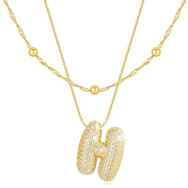 Imagem de CyxenNova Colar feminino com letra bolha com inicial dourada, colares de ouro em camadas com pingente de bollon, joias presentes para mulheres, Aço inoxidável, Zircônia cúbica