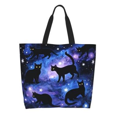 Imagem de OLUSENMO Sacola feminina de grande capacidade, durável, leve para praia, compras, viagens, trabalho, academia, Black Cats Galaxy Stars, Large