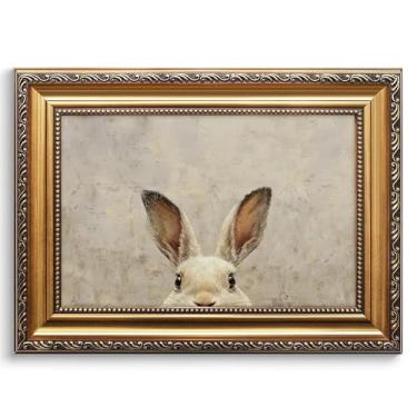 Imagem de Reateforin Arte de parede vintage com moldura dourada para quarto, coelhinho da Páscoa, decoração de parede, tela de coelho neutro, pintura a óleo, arte para paredes, rústico, vintage, decoração de