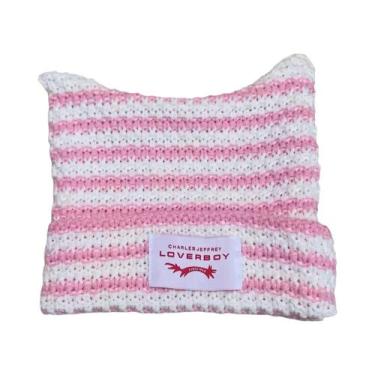 Imagem de Gorro De Tricô Listrado Unissex Y2K Feito À Mão Com Orelhas De Gato, G