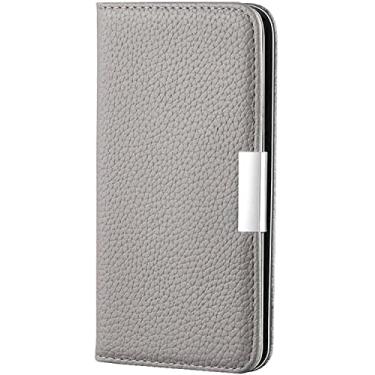 Imagem de BKUANE Capa carteira para Apple iPhone 14 Plus (2022) 6,7 polegadas, padrão de lichia couro magnético flip folio suporte capa de telefone com suporte de cartão (cor: cinza)
