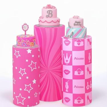 Imagem de Mindsoft Conjunto de 3 capas de suporte cilíndrico rosa choque para festas, capas de pedestal cilíndricas flexíveis, exibição de mesas de sobremesa para festa de aniversário, casamento, chá de bebê