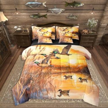 Imagem de Erosebridal Jogo de cama de casal de animais patos em uma bolsa, conjunto de edredom de 7 peças com lençol com estampa de pato selvagem, lago, animais selvagens, para meninos, adolescentes e adultos