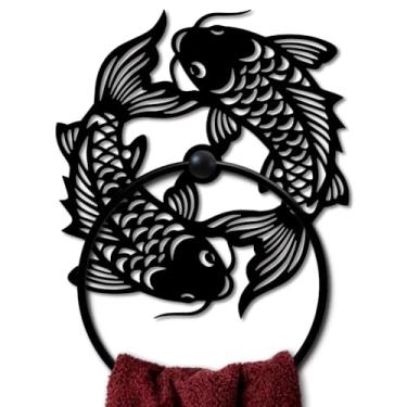 Imagem de MAYJOYDIY Anel de toalha de metal de peixe redondo duplo peixe suporte de toalha de mão gancho de água doce suporte de parede preto toalhas vintage organizador de parede para cozinha banheiro casa