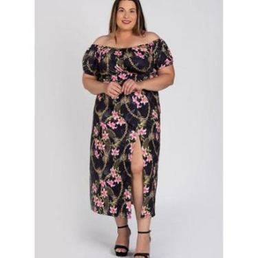 Imagem de Vestido Feminino Plus Size Longo Ciganinha Malha Confort Estampado Fenda Frontal - Sere...