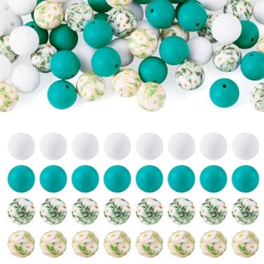 Imagem de Boutigem 60 peças de contas redondas de silicone de 15 mm para fabricação de chaveiros, estampa floral, contas soltas de borracha redonda e macia, contas grossas de bolinha de chiclete para pulseira