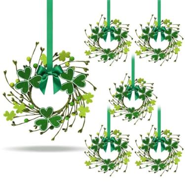 Imagem de 6 mini grinaldas de trevo de feltro do dia de São Patrício para porta da frente do dia de São Patrício para decoração de armário de cozinha com fita, pequena guirlanda de trevo irlandês verde para