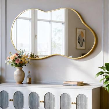 Imagem de NEUWEABY Espelho de parede irregular, espelho de nuvem assimétrico 66.0 cm x 116.8 cm dourado grande espelho de corpo exclusivo espelho de banheiro montado na parede moderno para sala de estar entrada